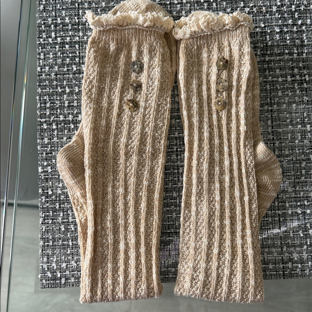 Free People Cream Knit Ruffled Button Accent Socks